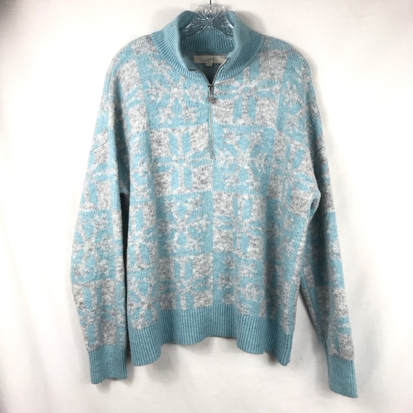 LOFT Wool Blend Zip Collar Sweater Blue and Gray with Snowflakes Womens XL - Picture 1 of 6
